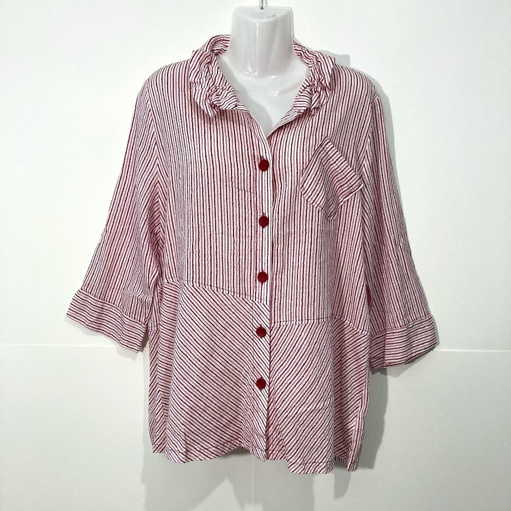 Terra SJ Apparel Tunic Top Lagenlook Wired Collar windowpane Pockets Striped L